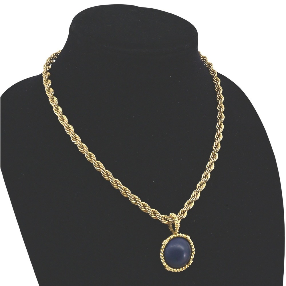 Vintage Napier Gold Tone Rope Chain Necklace Navy Blue Cabochon Pendant 18 Inch